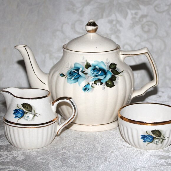 Sadler Blue Rose Teapot | Arthur Wood Blue Rose Sugar Bowl & Creamer Set - Picture 1 of 15